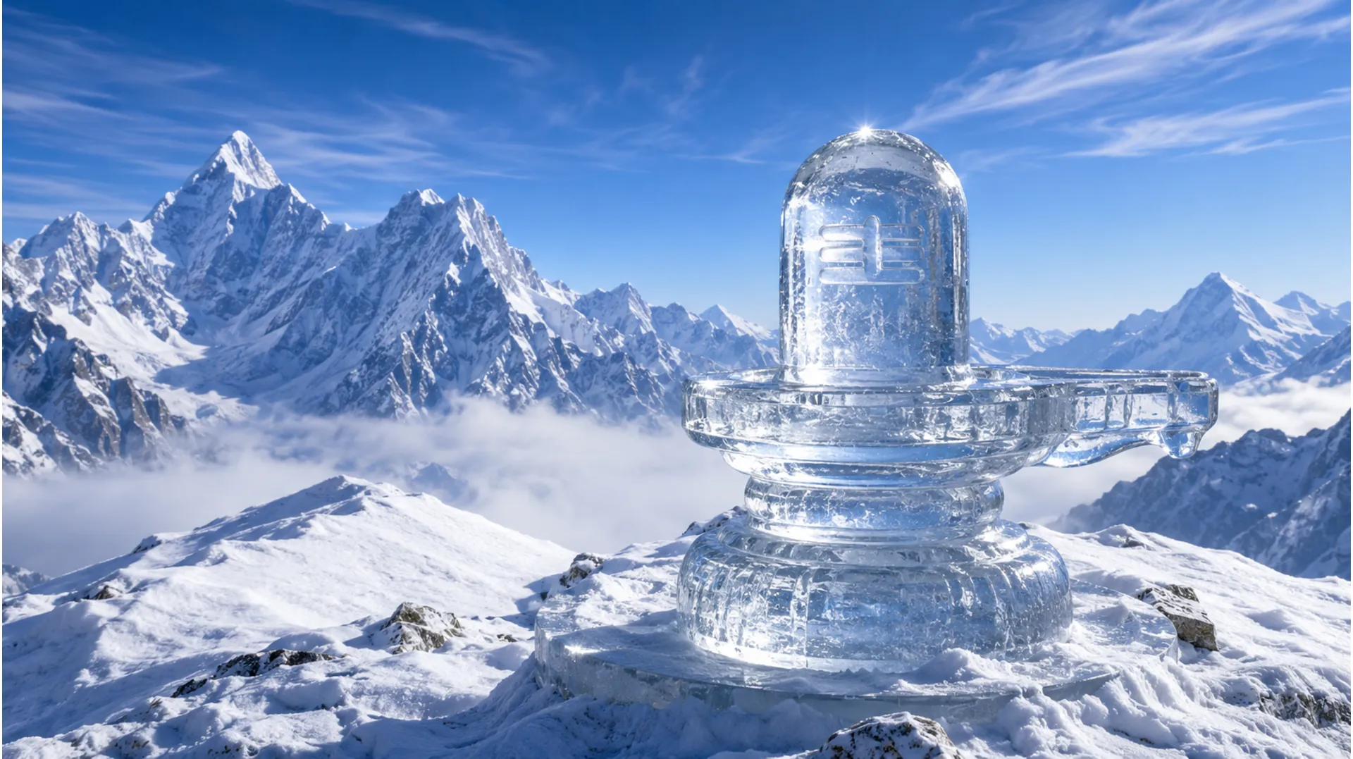 Majestic Shiva lingam carved from ice on a snow-covered Himalayan mountain peak under a clear blue sky.