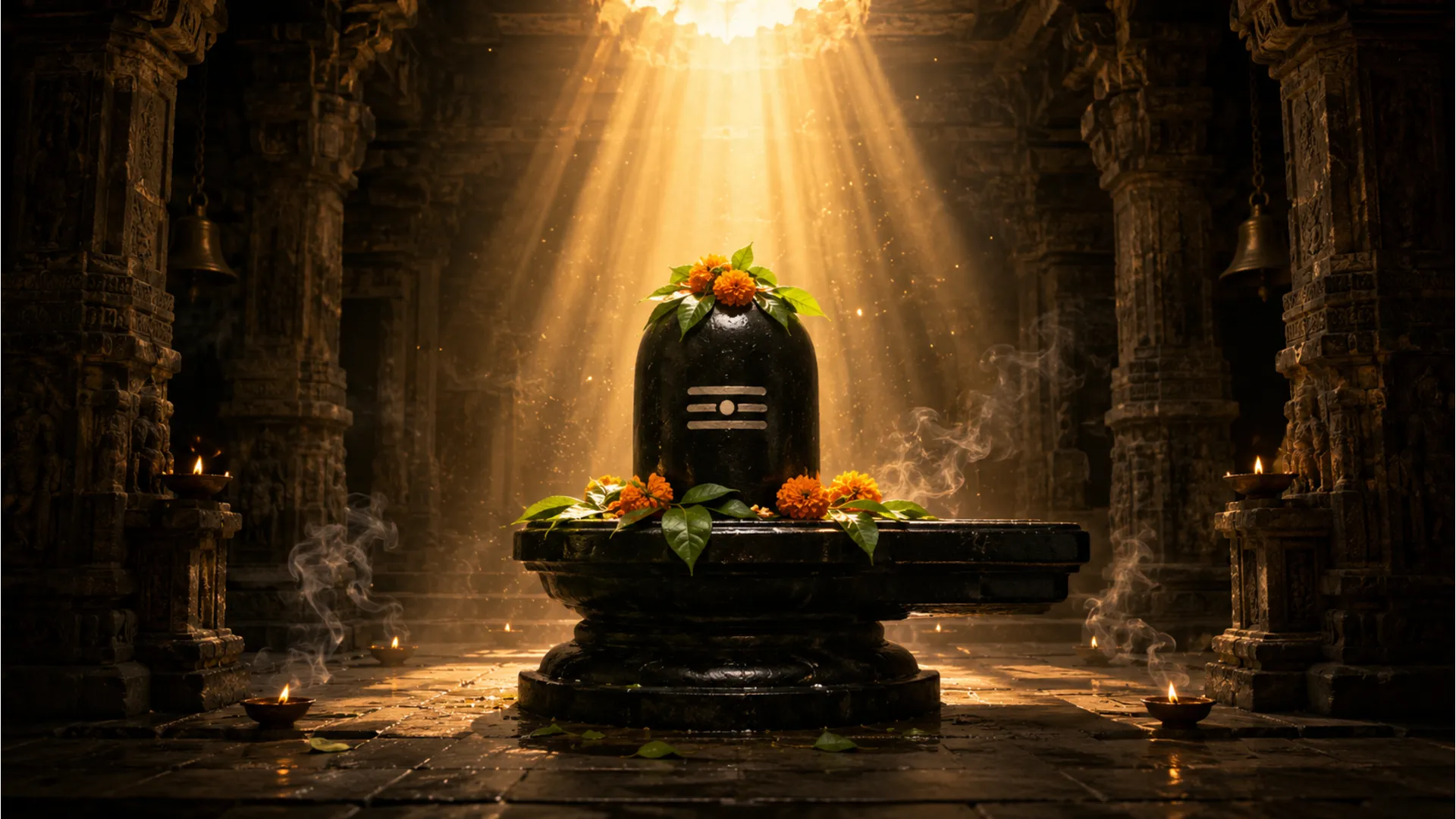 A sacred Shiva Lingam adorned with flowers with divine light pouring from above in full HD.