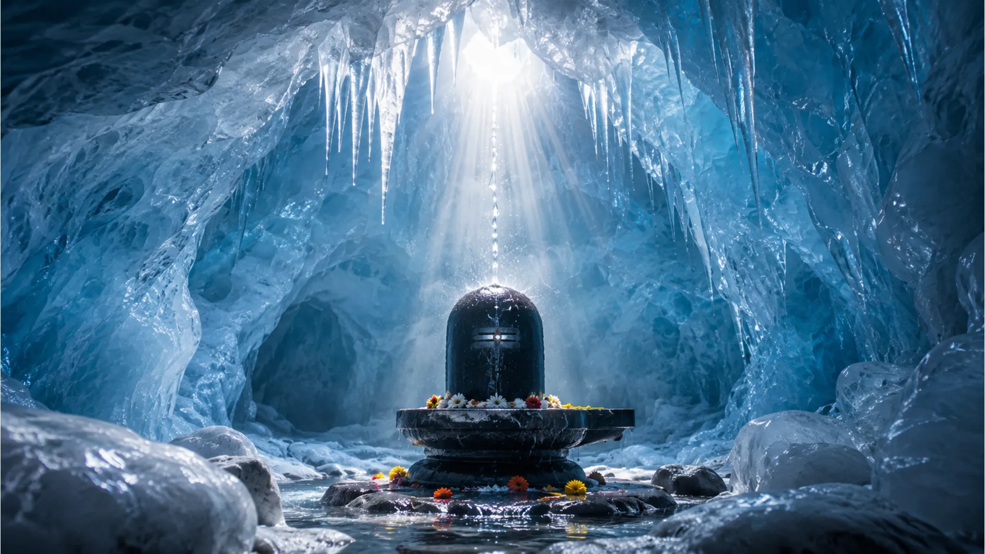 Mystical glowing Shivalinga inside a frozen Himalayan cave high resolution wallpaper.