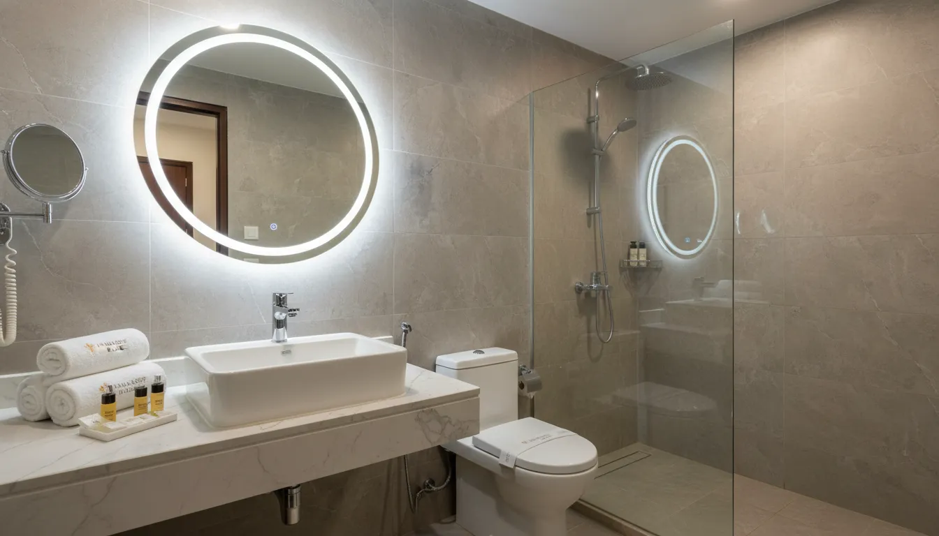 Modern and hygienic bathroom with premium fixtures at Hotel Mahadev Palace Jaisalmer.