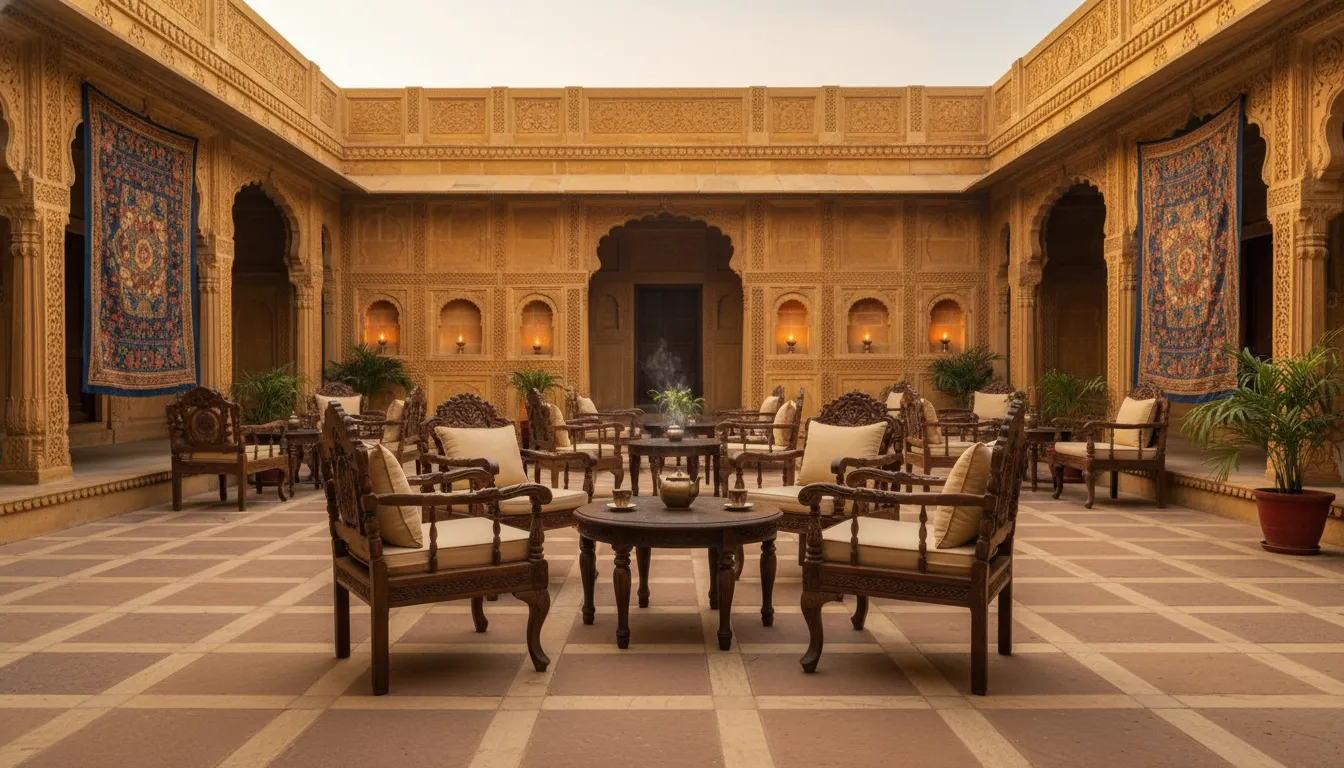 Outdoor courtyard sitting area with traditional seating at Hotel Mahadev Palace Jaisalmer.