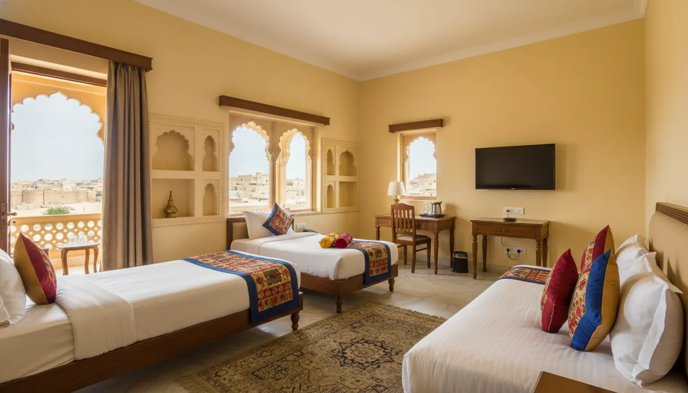 Deluxe room with twin beds and neat arrangements at Hotel Mahadev Palace Jaisalmer.