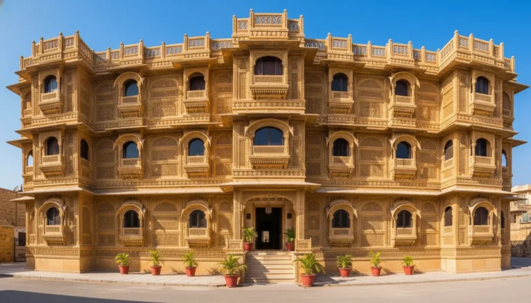 Grand golden sandstone exterior of Hotel Mahadev Palace in Jaisalmer under a clear sky.
