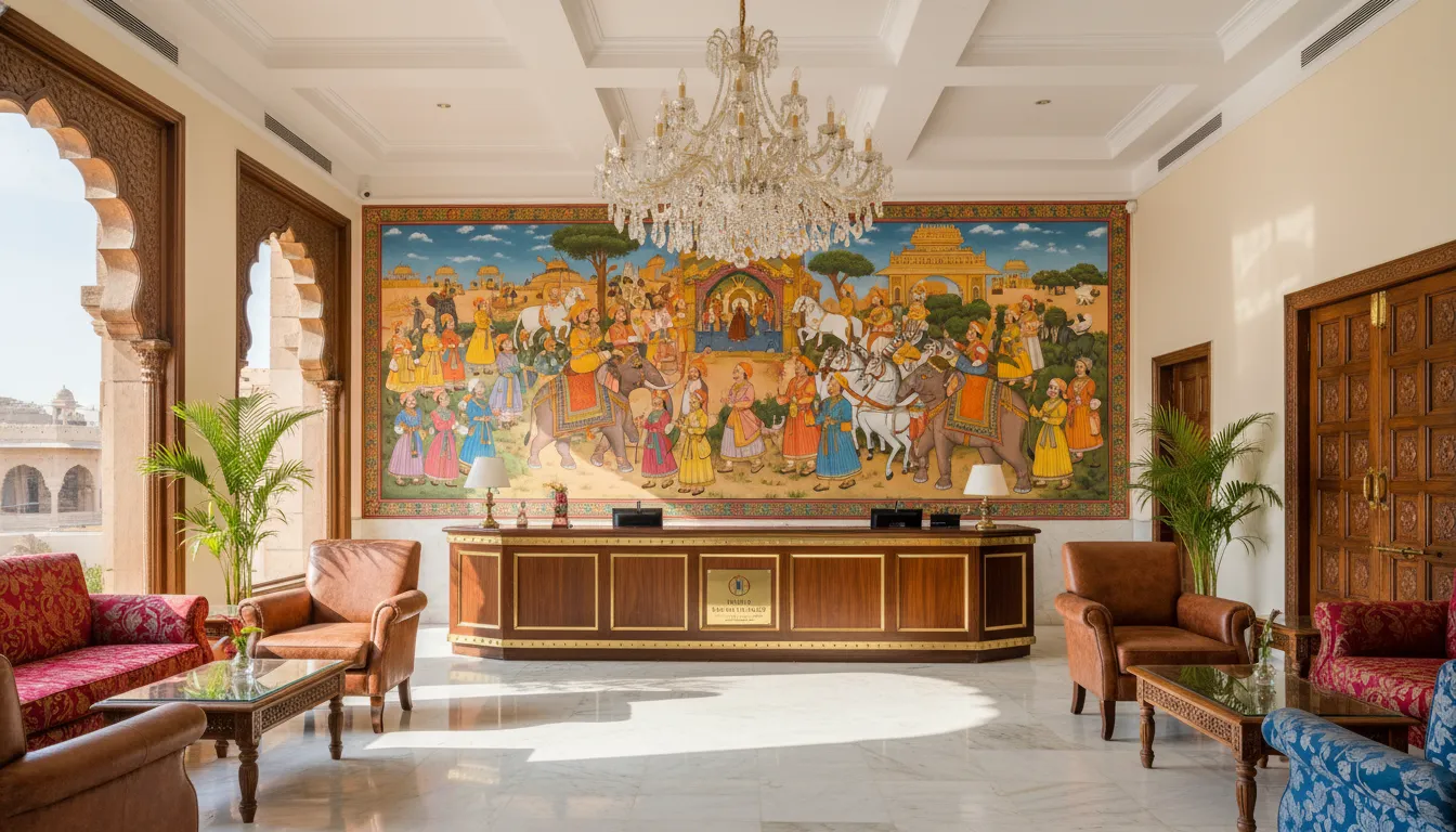 Elegantly decorated reception and lobby area at Hotel Mahadev Palace Jaisalmer.
