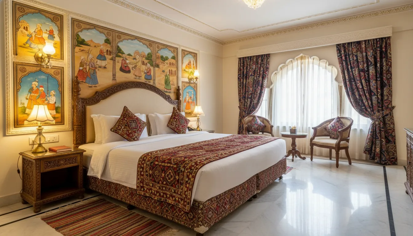 Luxury royal suite bedroom at Hotel Mahadev Palace Jaisalmer with traditional decor.