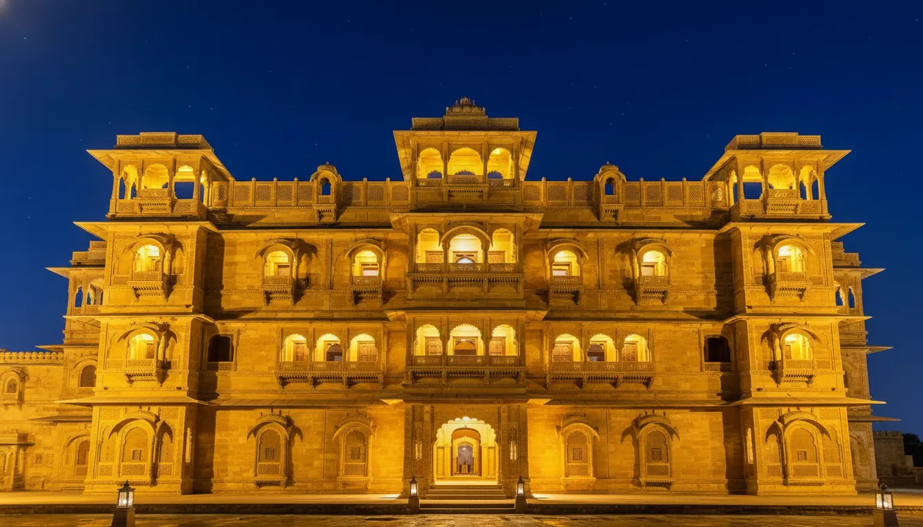 Beautifully lit exterior of Hotel Mahadev Palace Jaisalmer at night.