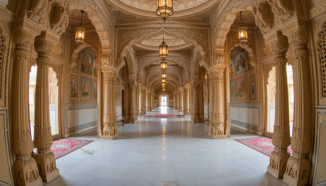 Long elegant hallway with carved stone pillars at Hotel Mahadev Palace Jaisalmer.