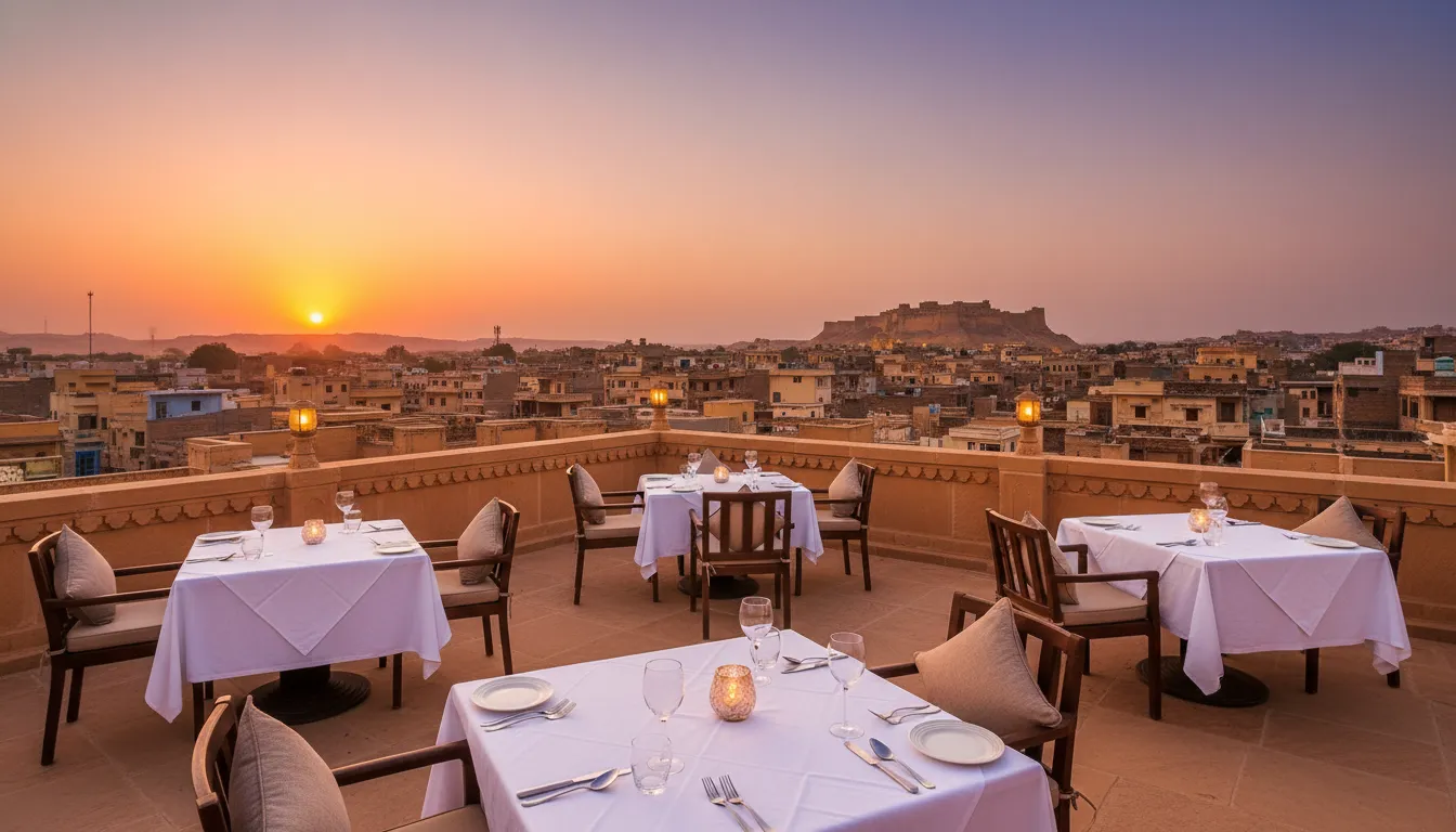 Rooftop restaurant at Hotel Mahadev Palace Jaisalmer during a golden hour sunset.