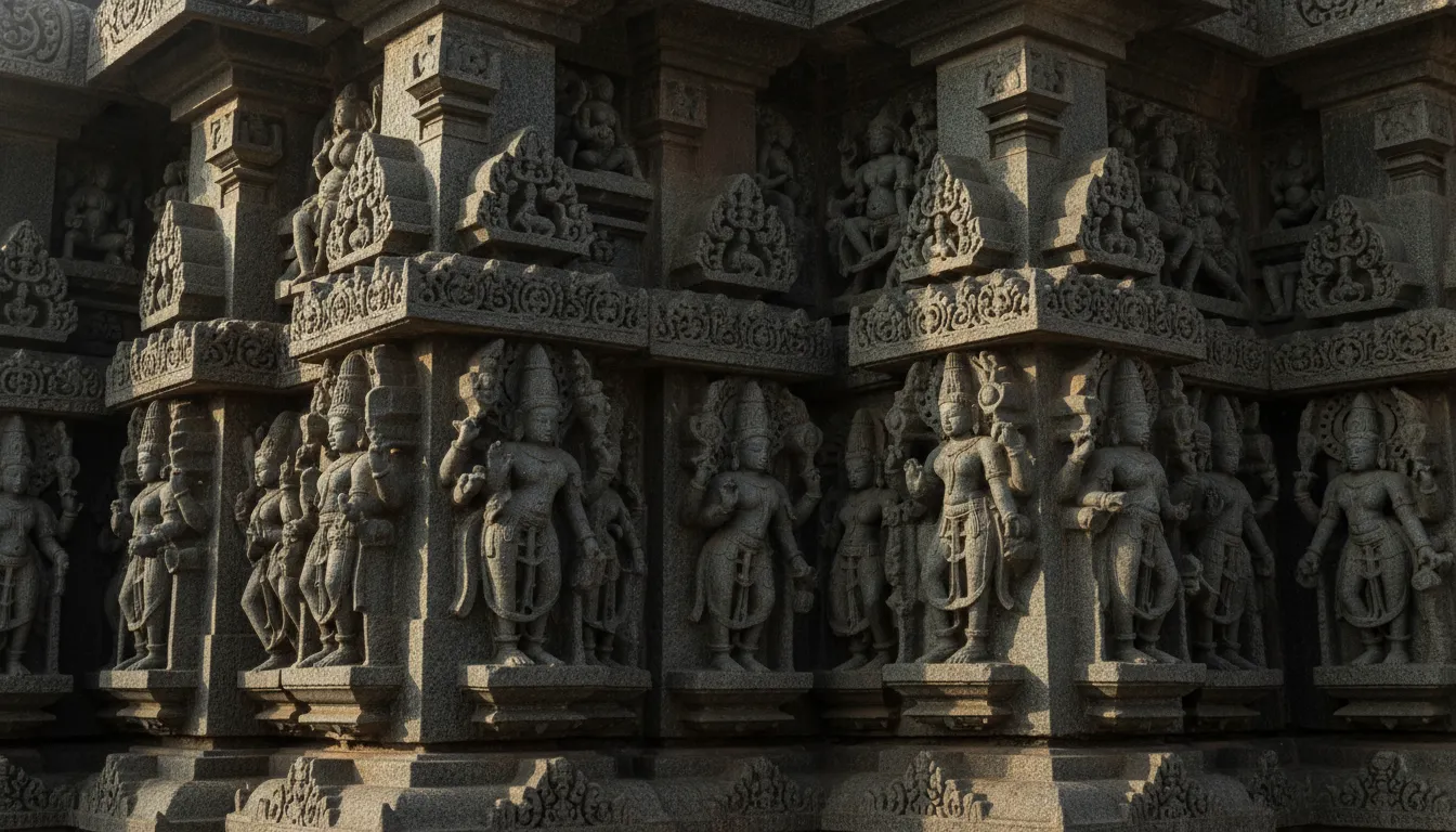 Close-up of ancient Hindu carvings and sculptures on Mukteshwar Mahadev Temple walls.