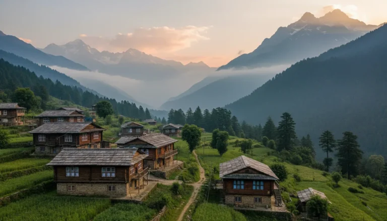 Jaon village base camp surrounded by lush green mountains for Shrikhand Mahadev trek