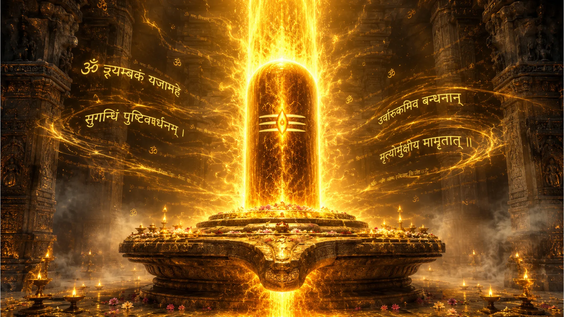 Golden glowing Jyotirlinga full HD Shiva Lingam hd wallpapers 1080p representing the pillar of fire.