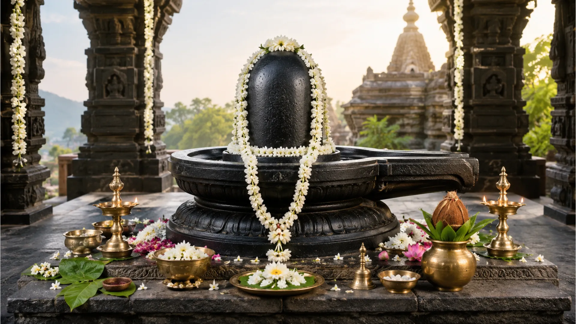 Large decorated stone shrine with hanging garlands and ceremonial items