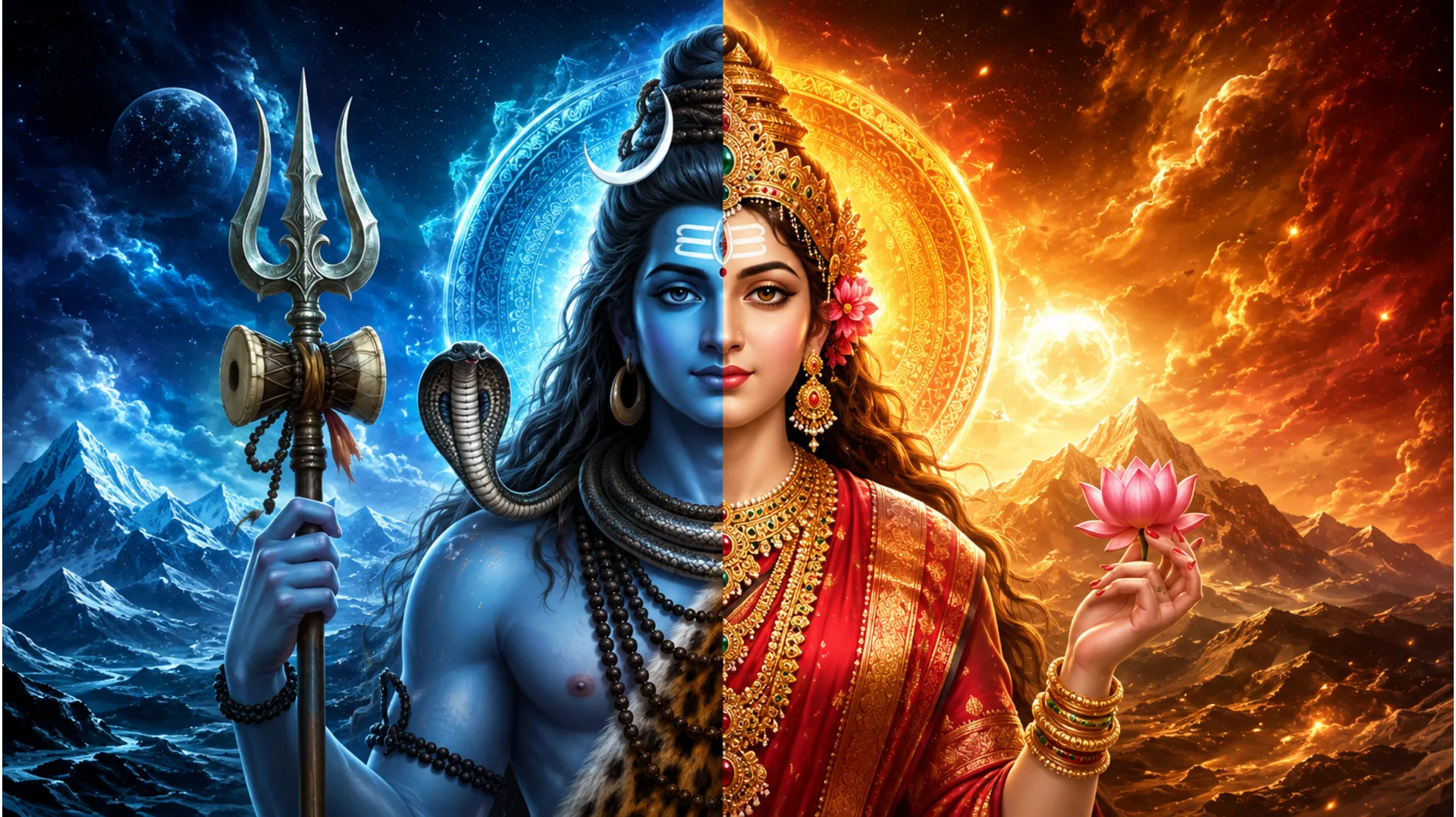 The divine form of Ardhanarishvara showing the perfect balance of male and female energies.