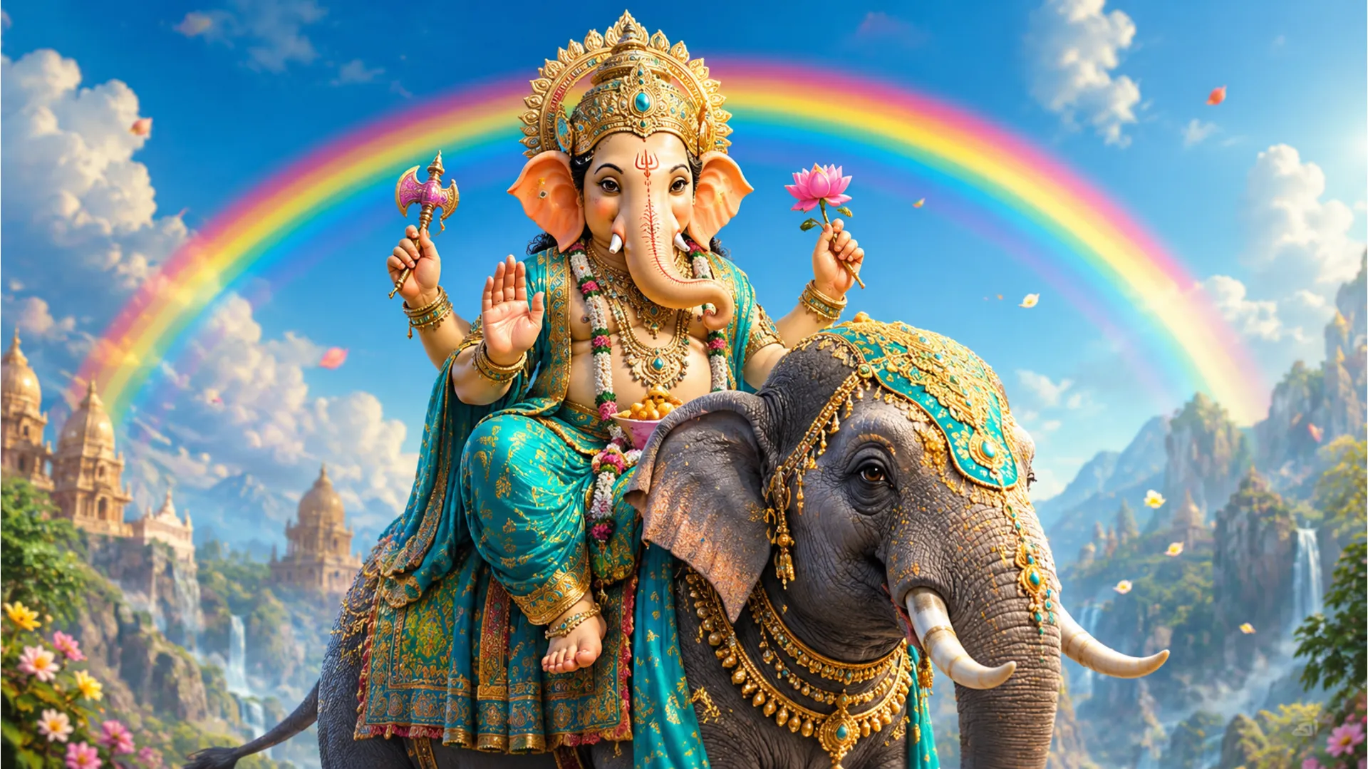 Ganesha sitting on elephant wearing turquoise outfit with rainbow in background