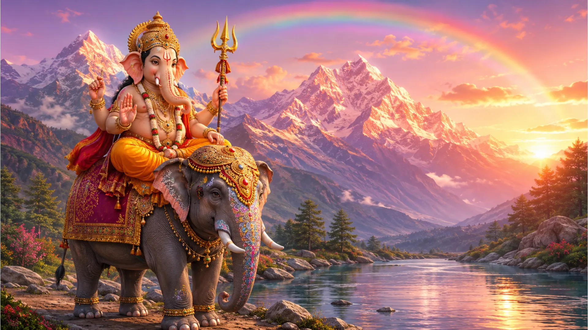 Lord Ganesha with trident sitting on elephant near snow covered mountains at sunrise