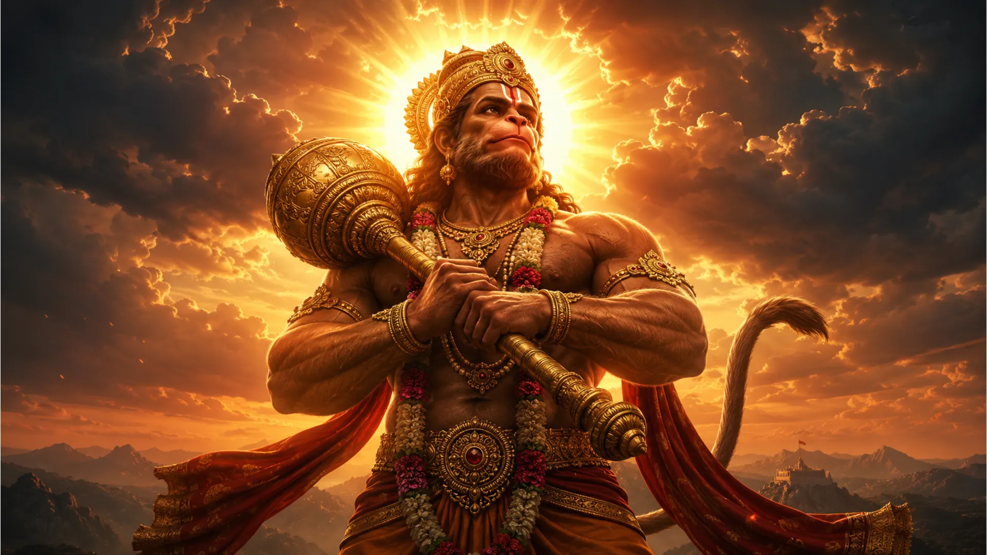 Heroic Hanuman standing with a mace with a powerful sunflare breaking through clouds behind him.