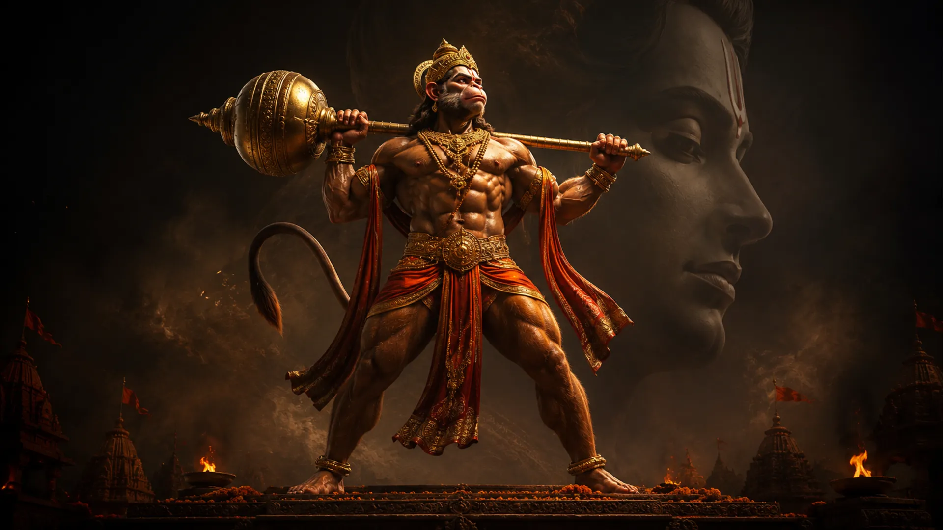 Lord Hanuman Warrior Pose with Mace Against Dramatic Silhouette Alt Text: Mighty Hanuman in a powerful warrior stance holding a mace with a large artistic silhouette background.