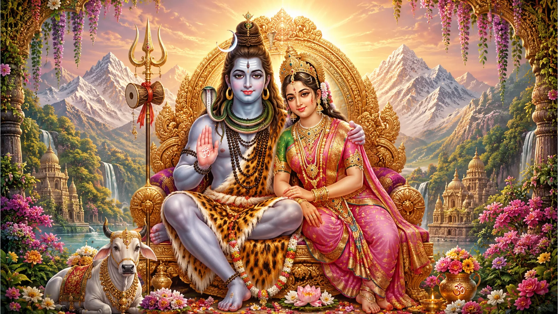 Lord Shiva and Goddess Parvati sitting together in blessing posture 1080p HD wallpaper