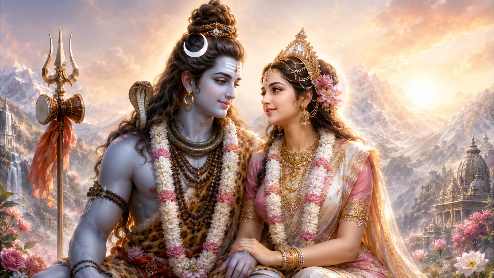 Lord Shiva and Goddess Parvati in a divine union, glowing with love and devotion.