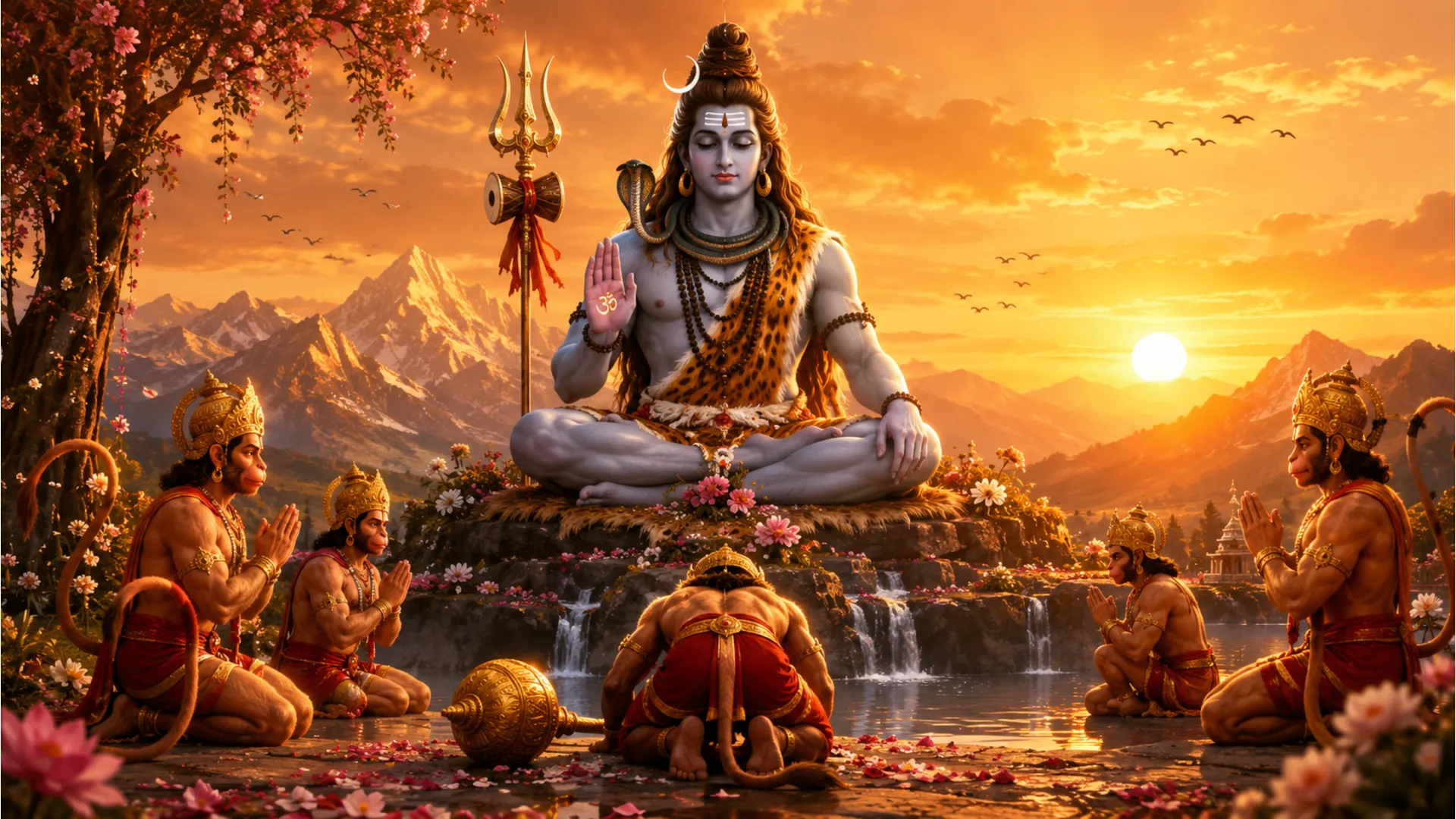 Lord Shiva seated above a scenic sunset landscape with devotional Hanuman figures below