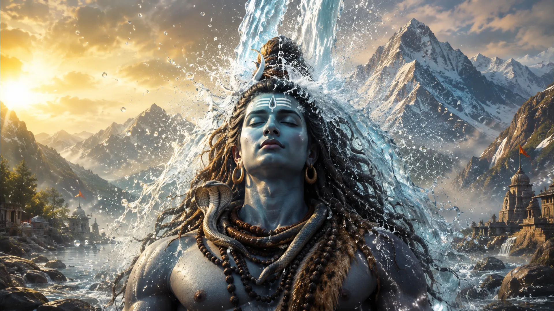 Artistic water splash showing Ganga flowing from Shiva matted hair wallpaper hd 1080p