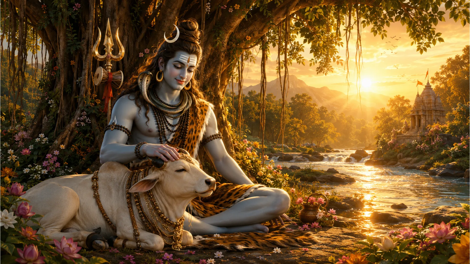 Spiritual wallpaper of Lord Shiva sitting with his divine bull Nandi in a peaceful forest.