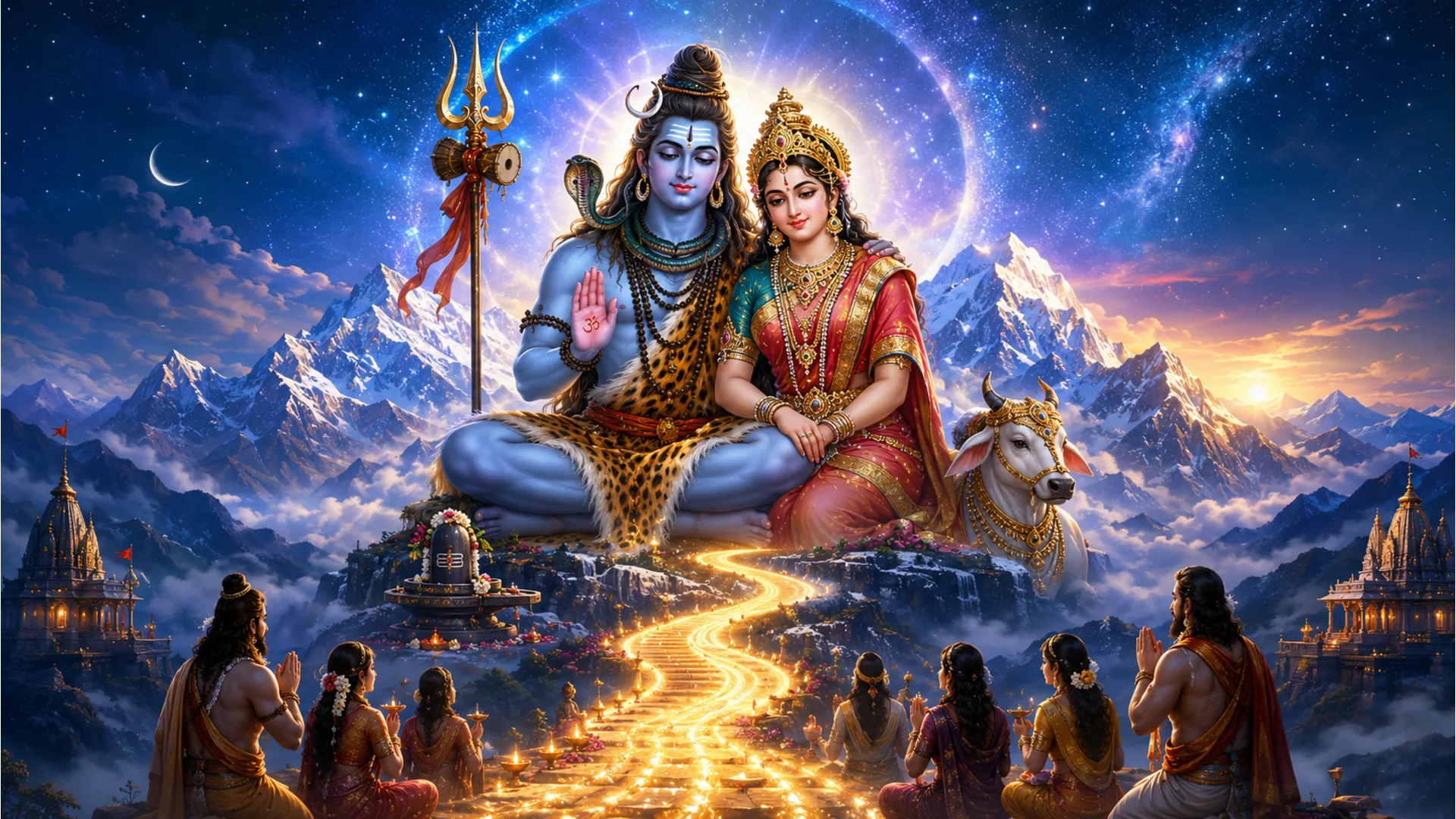 Lord Shiva and Parvati seated together above snowy mountains with Hanuman figures below