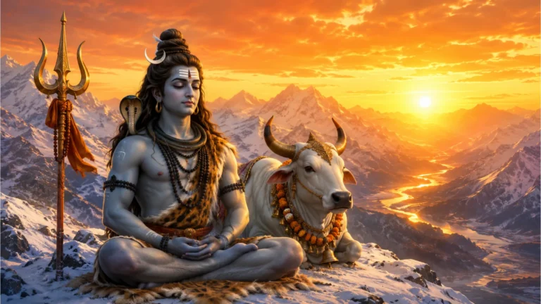 Lord Shiva sitting in meditation next to Nandi the sacred bull during a golden Himalayan sunset.