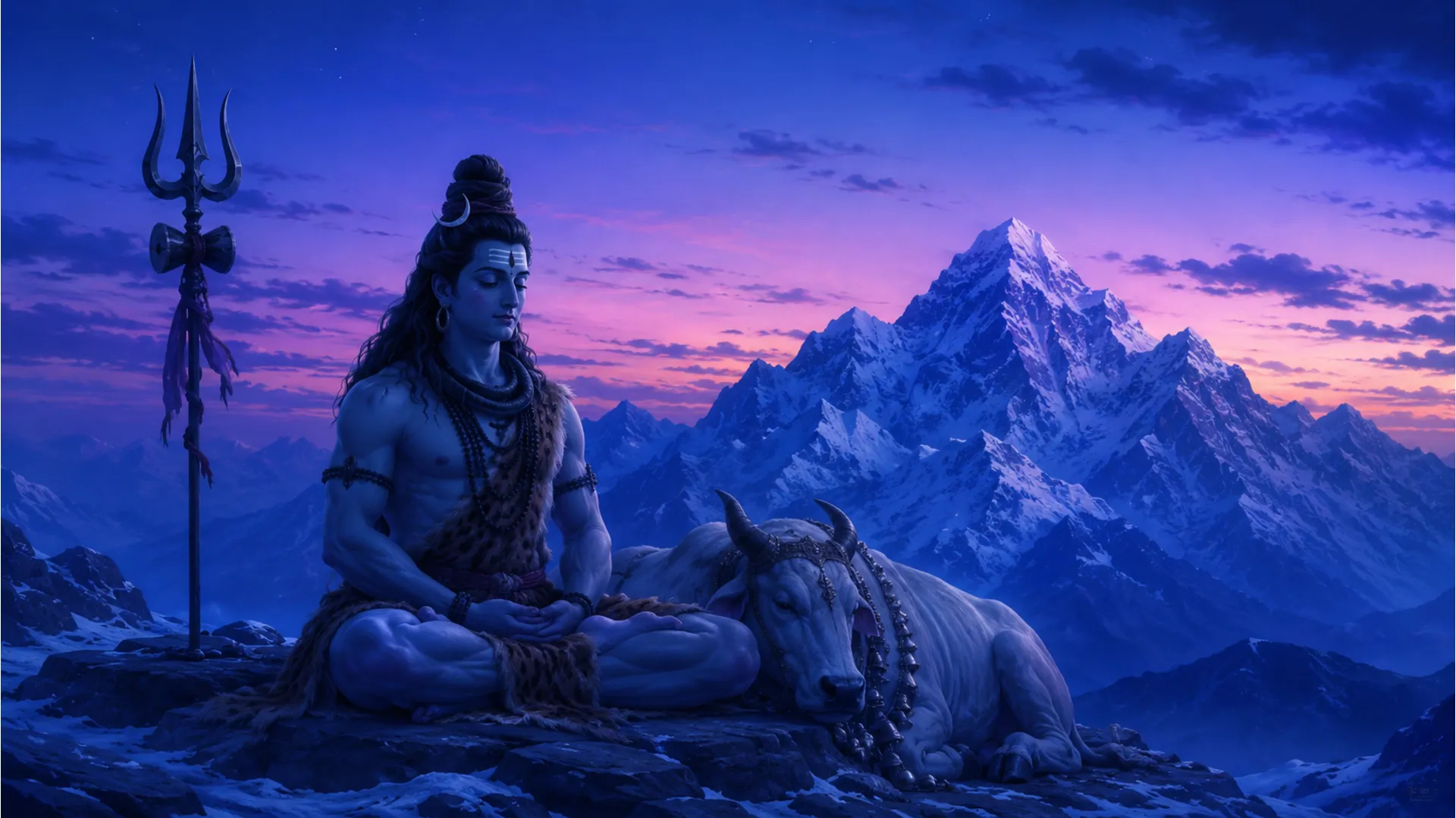 Lord Shiva meditating during the peaceful blue hour twilight in the snowy Himalayan valleys.