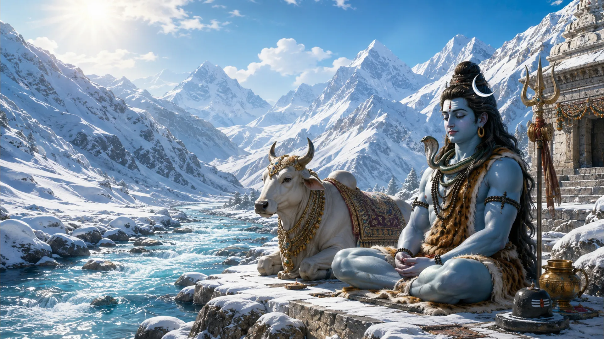 Lord Shiva resting by a flowing glacial river in the Himalayas with his decorated sacred bull.