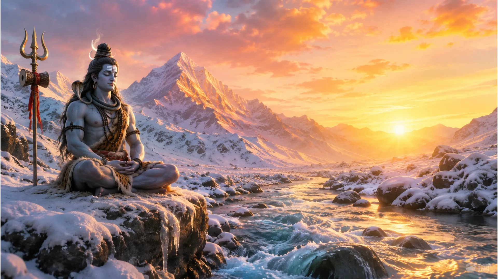 Lord Shiva with a trident beside him near a flowing river in snow mountains at dawn