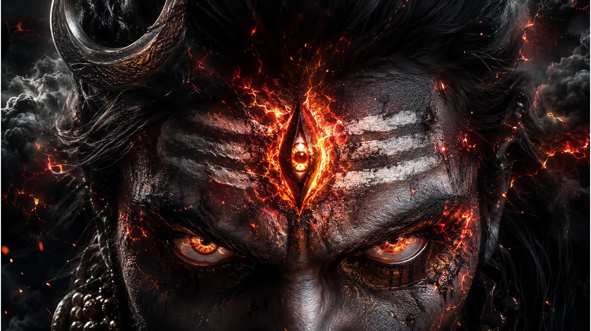 Close-up of Lord Shiva's angry forehead with the third eye opening amidst fire.