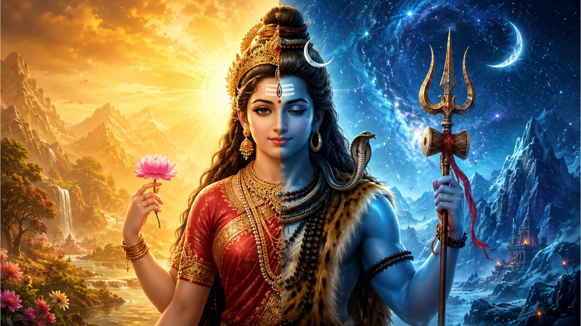 Half Lord Shiva and half Goddess Parvati Ardhanarishvara 1080p HD wallpaper.