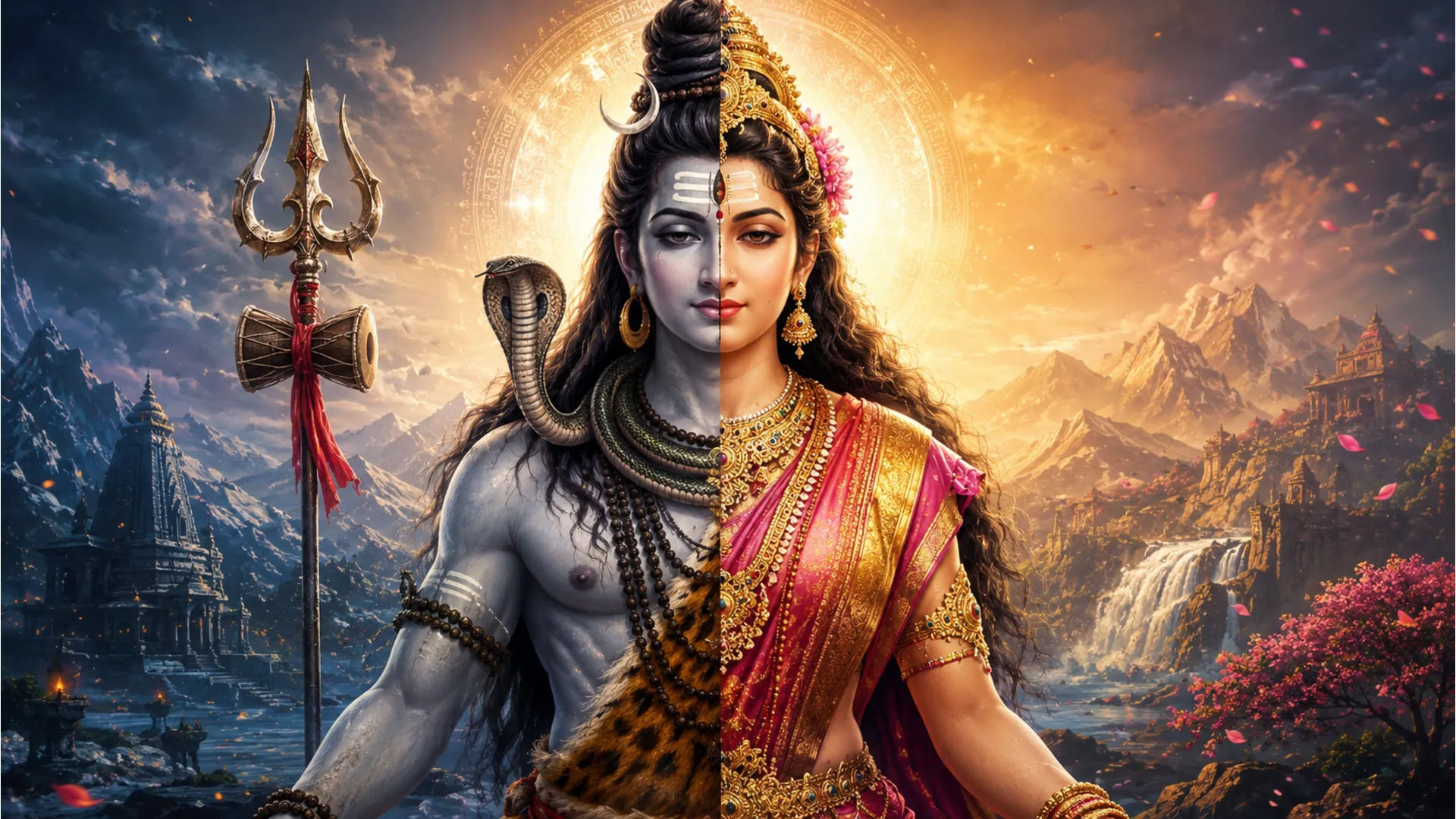 Lord Shiva Ardhanarishvara form representing male and female energy 1080p HD wallpaper
