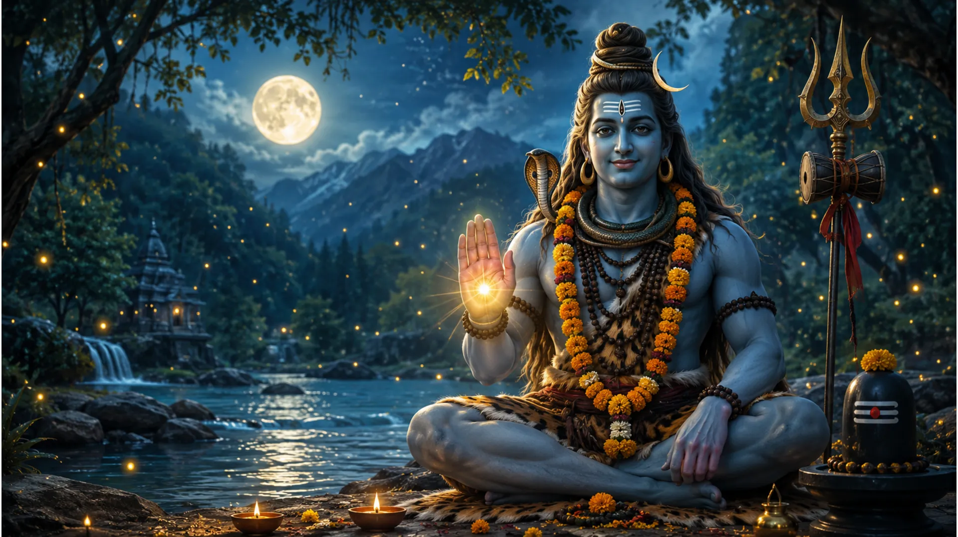 Lord Shiva sitting gracefully and raising his hand in the Abhaya Mudra blessing.