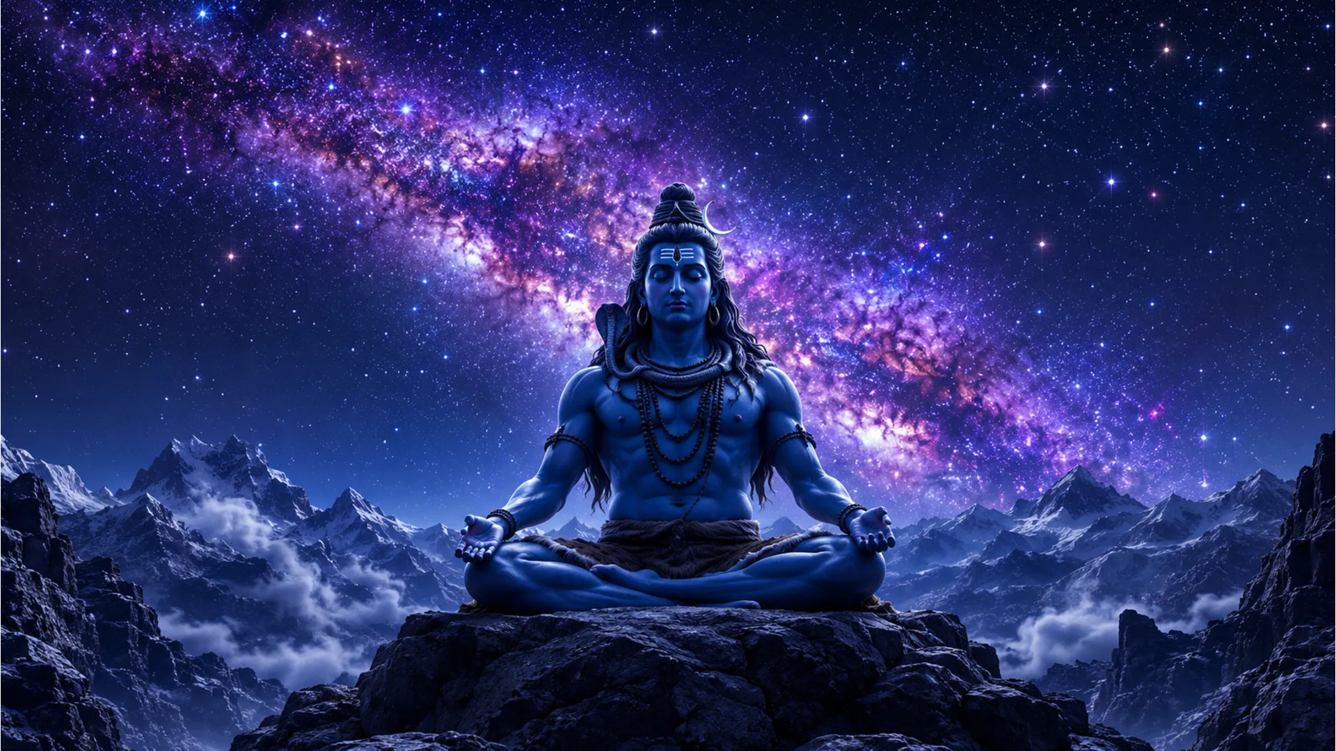 Lord Shiva sitting in meditation under a bright starry night and Milky Way galaxy 1080p wallpaper.