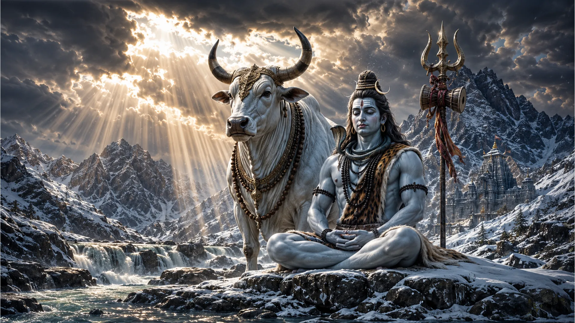 Lord Shiva meditating as the sun breaks through heavy clouds over a snowy river valley.