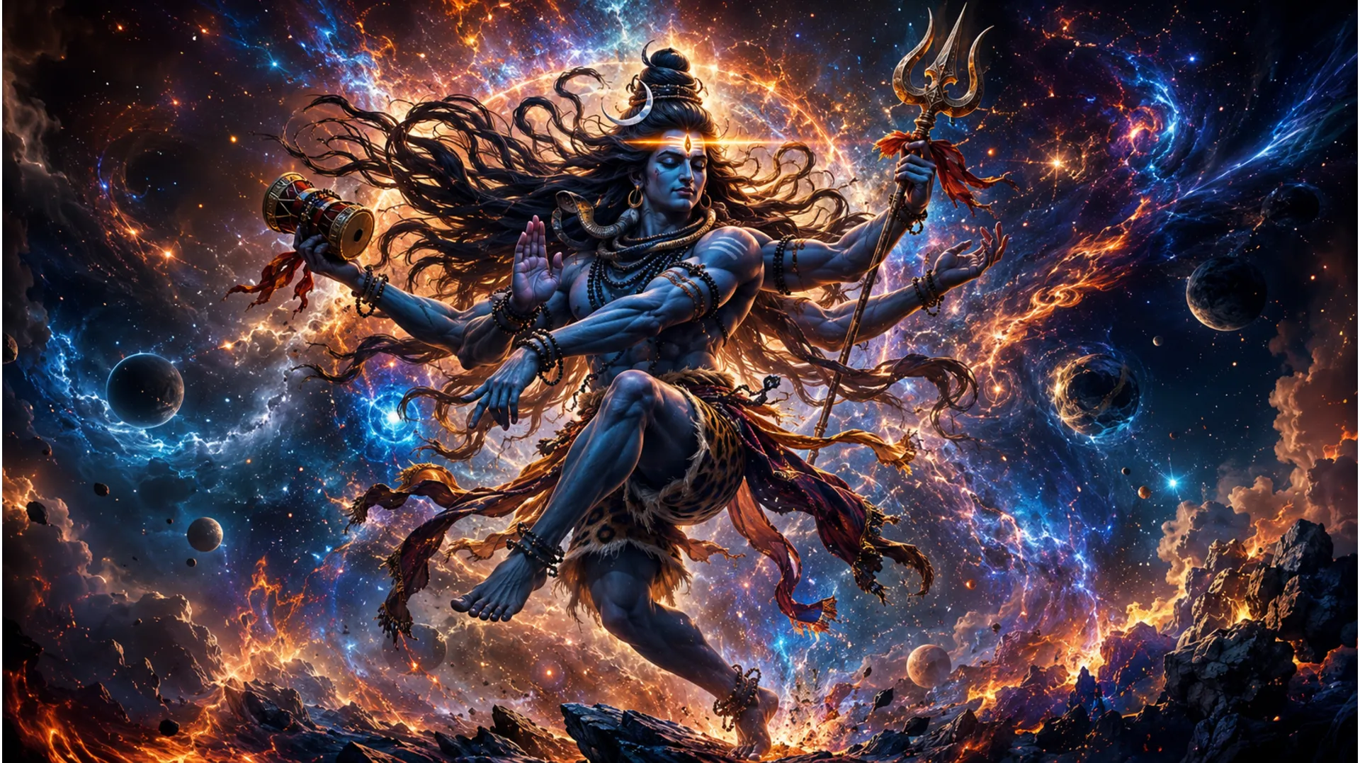 Lord Shiva performing the energetic Nataraja Tandava dance surrounded by cosmic fire.