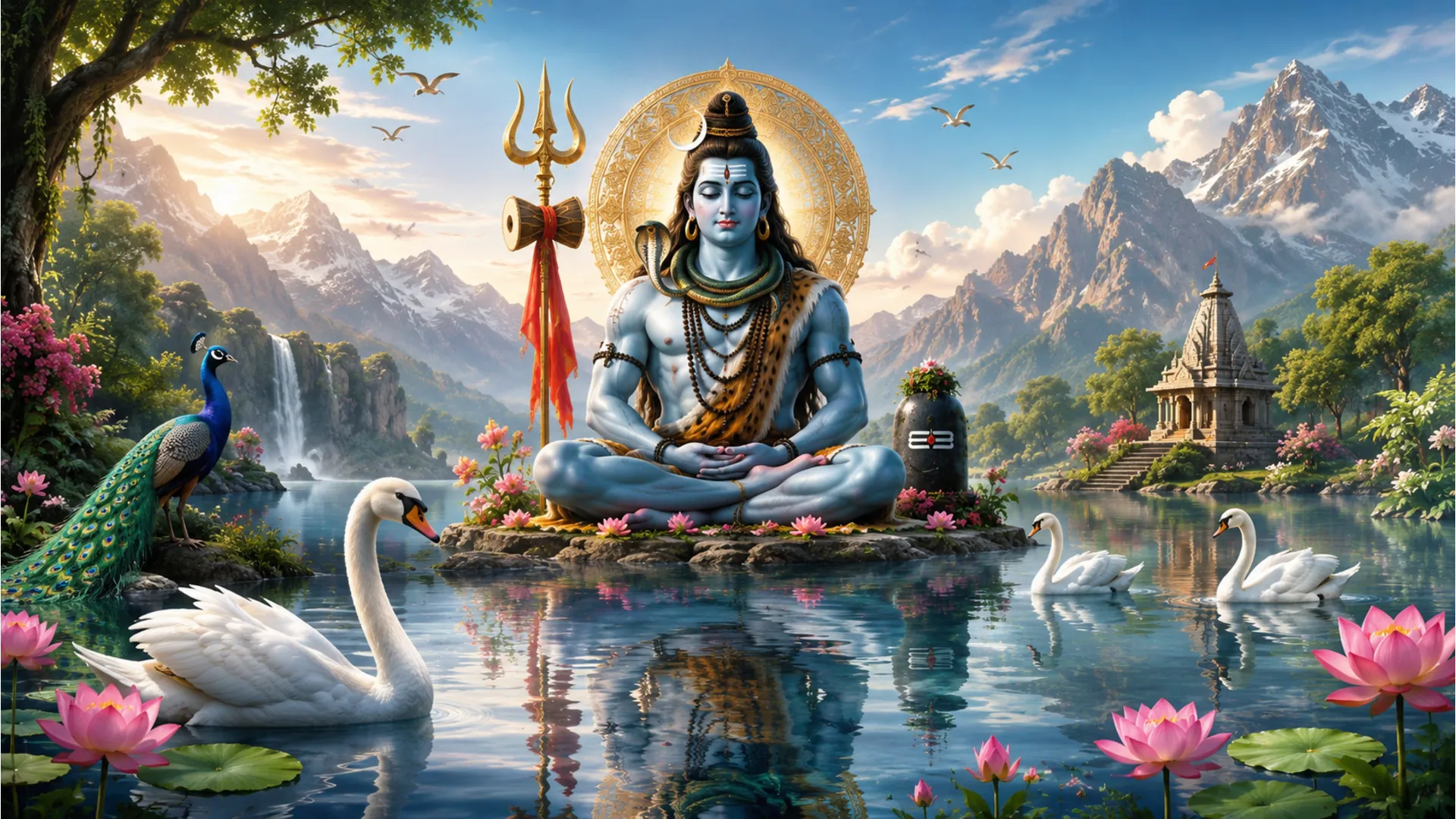 : Lord Shiva devotional artwork with swans, lotus flowers, peacock, mountains, and a calm lake