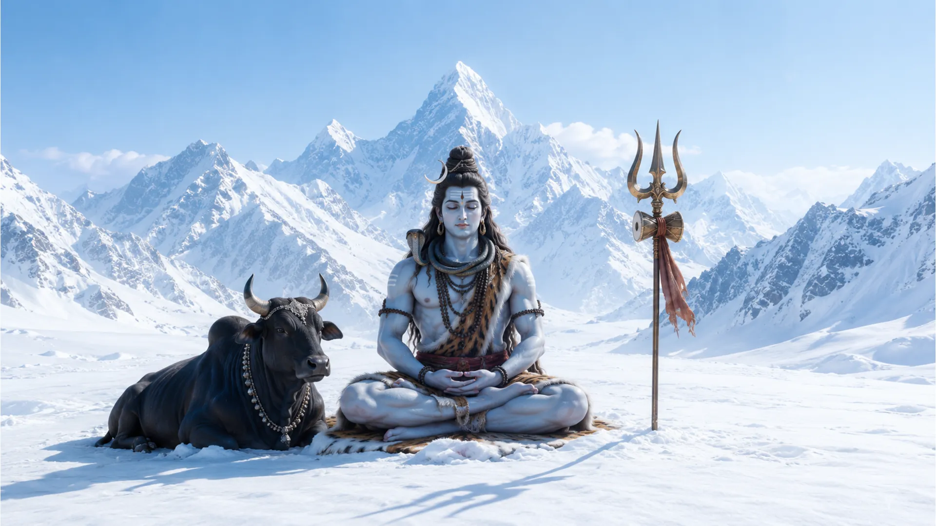 Lord Shiva surrounded by deep white snow blankets with his loyal sacred bull in the Himalayas.