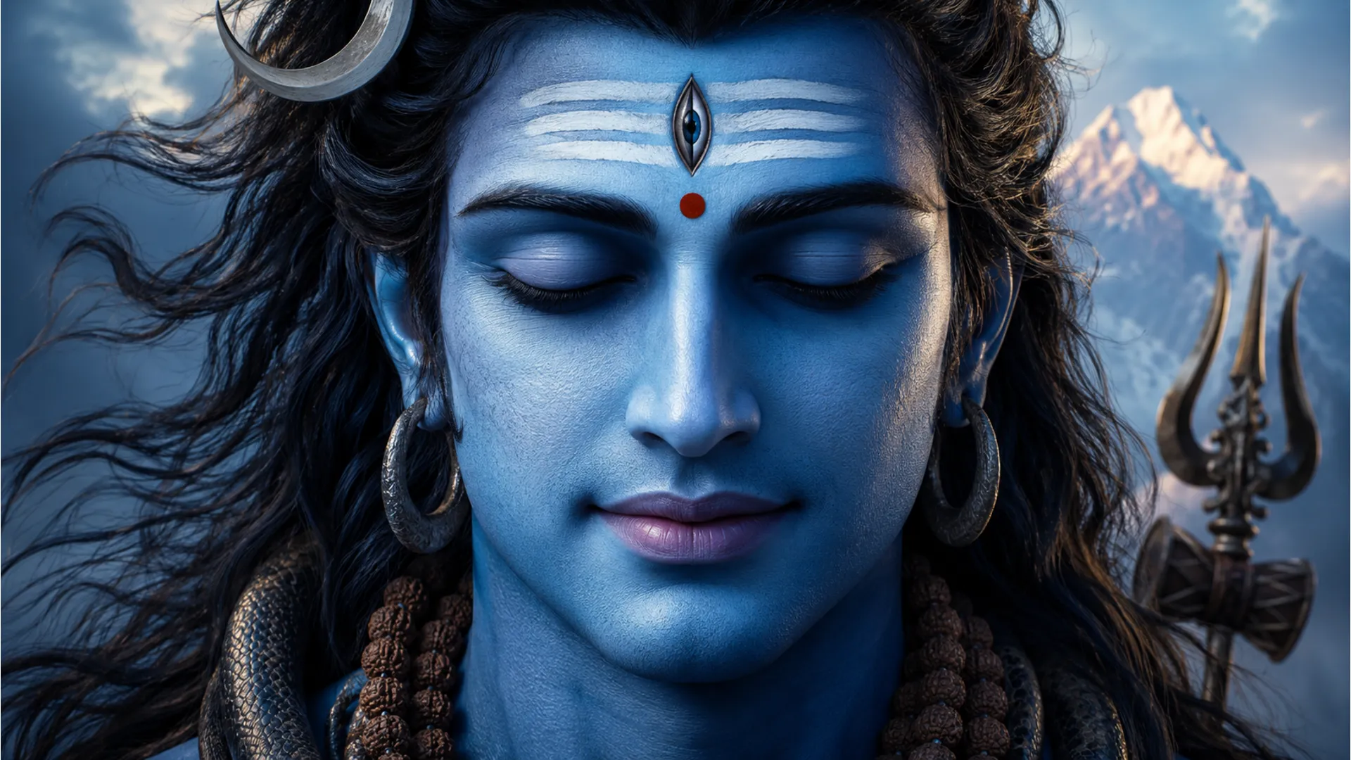Detailed close-up wallpaper of Lord Shiva's face featuring the sacred Tripundra and closed eyes.