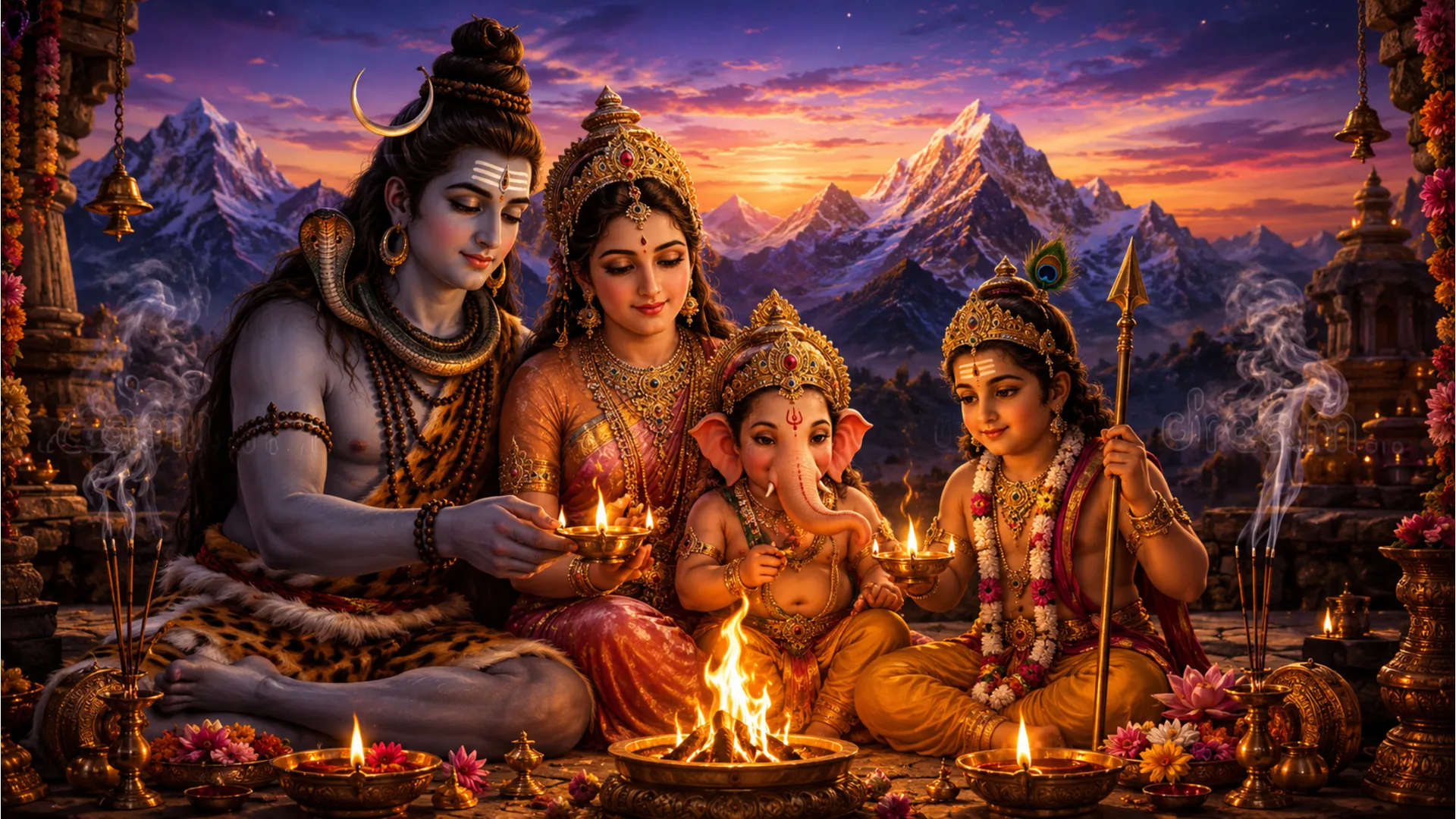 Full hd lord shiva family hd wallpapers 1080p with evening aarti diyas and lamps.
