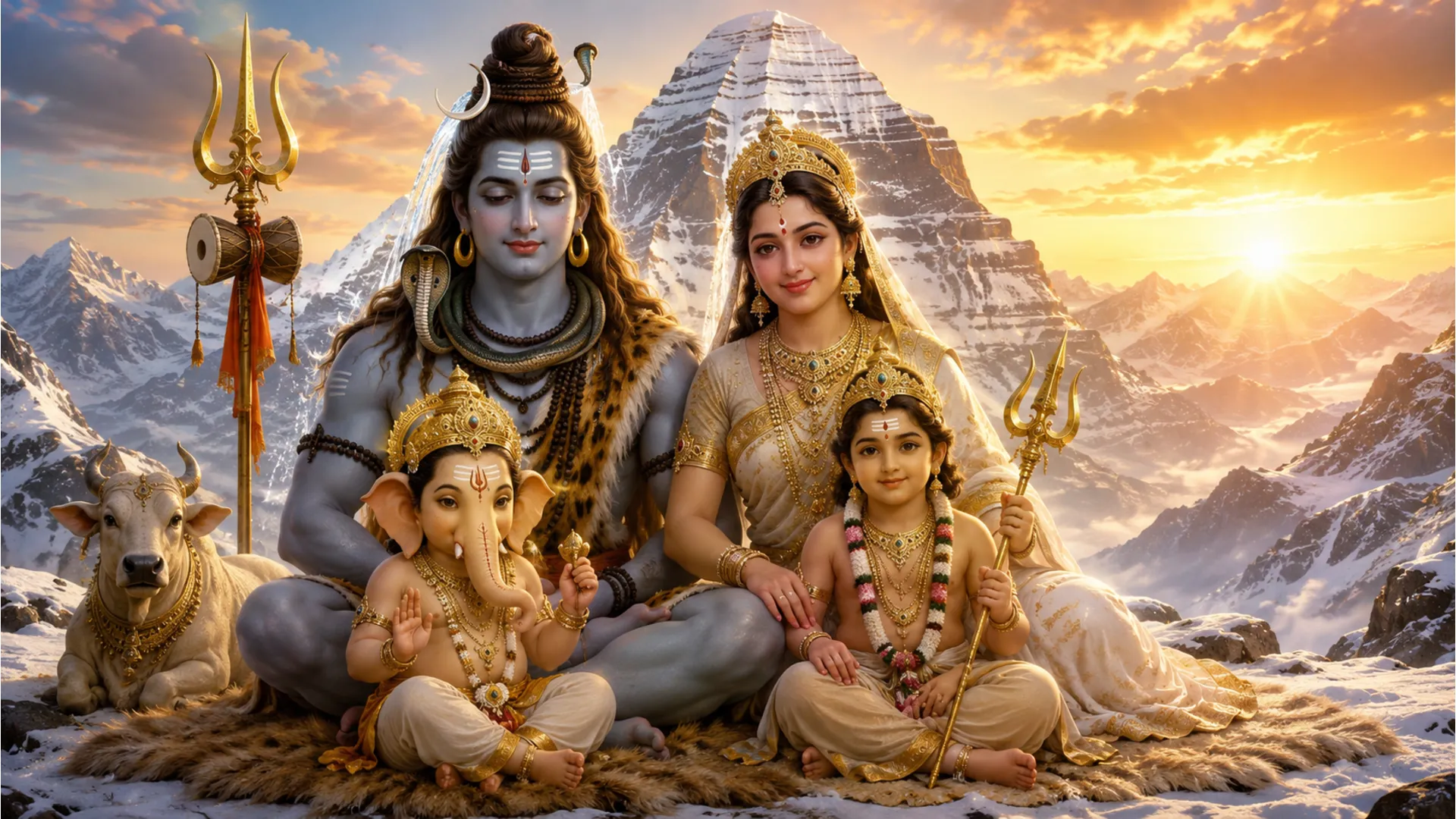 Full hd lord shiva family hd wallpapers 1080p showing Shiva Parvati Ganesha and Kartikeya sitting on Mount Kailash.