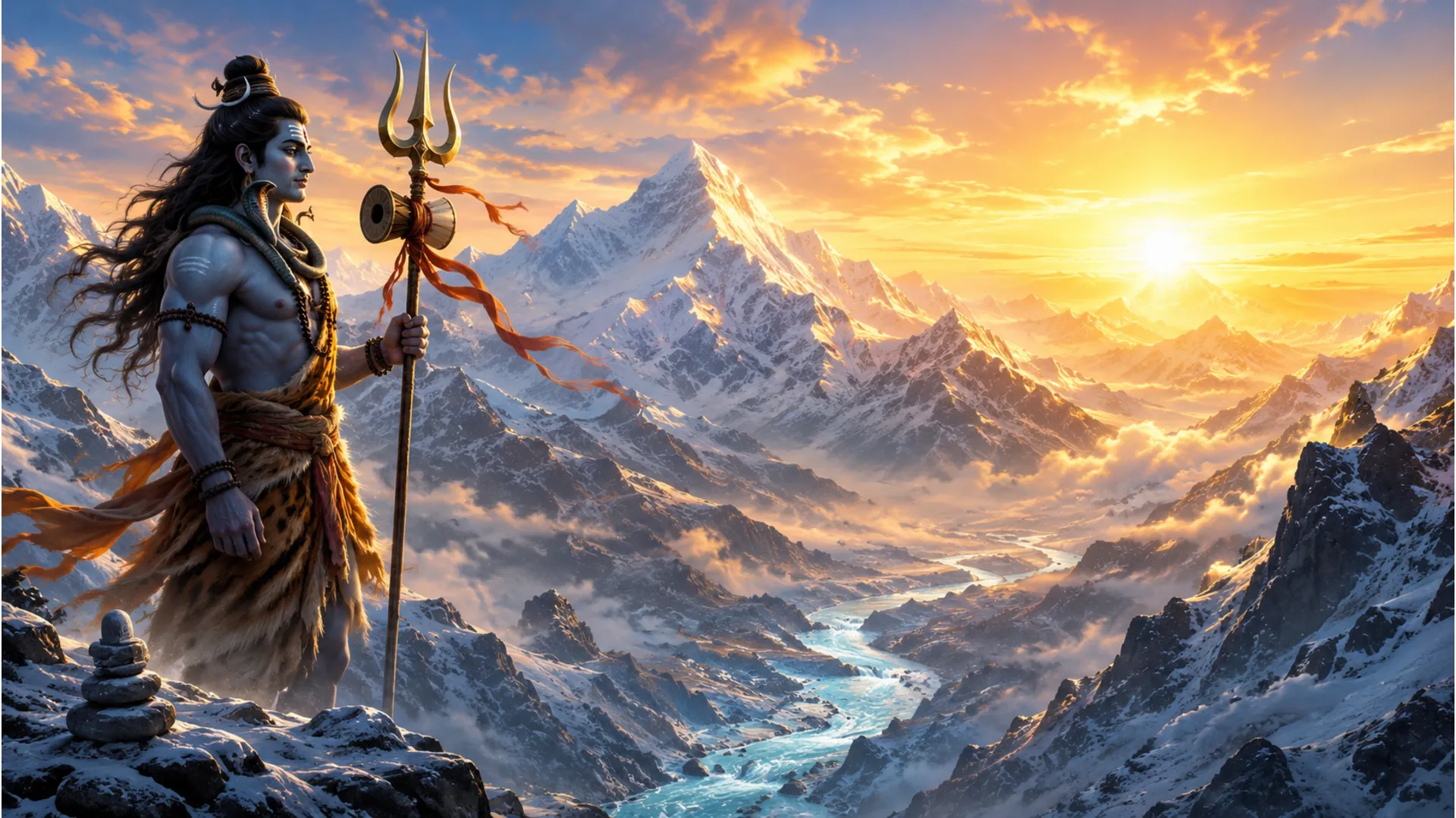 Lord Shiva holding his trident against a vast snowy mountain landscape at sunrise
