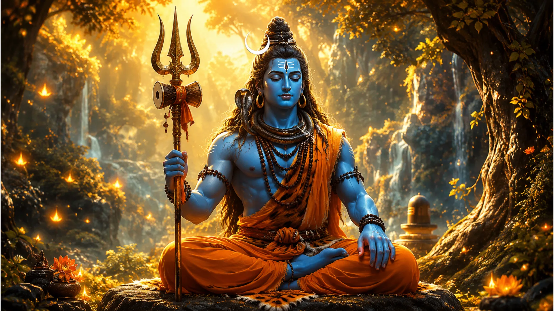 Lord Shiva seated with a trident in a glowing forest-like spiritual scene with golden light effects.