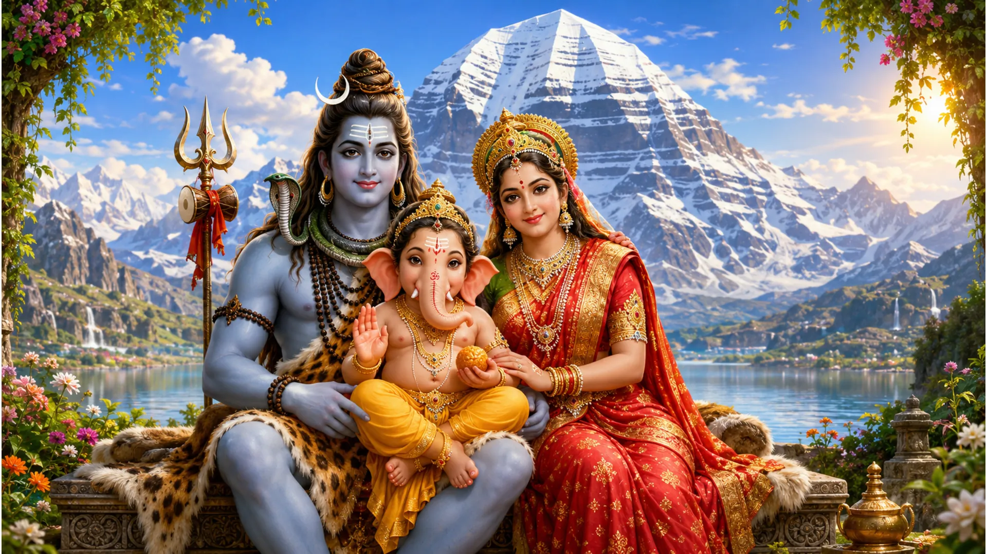 Lord Shiva, Goddess Parvati, and young Lord Ganesha sitting together happily in Kailash.