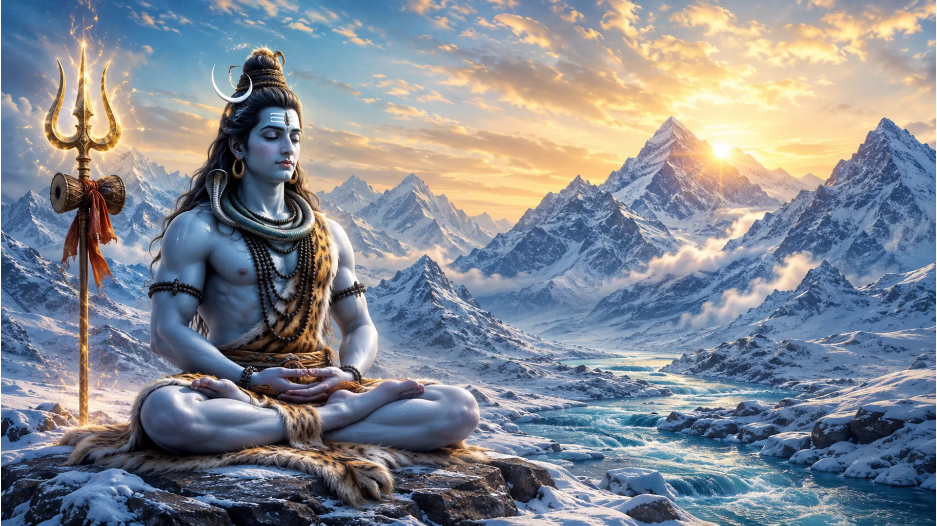 Cosmic form of Lord Shiva meditating in snow-covered mountains at sunrise