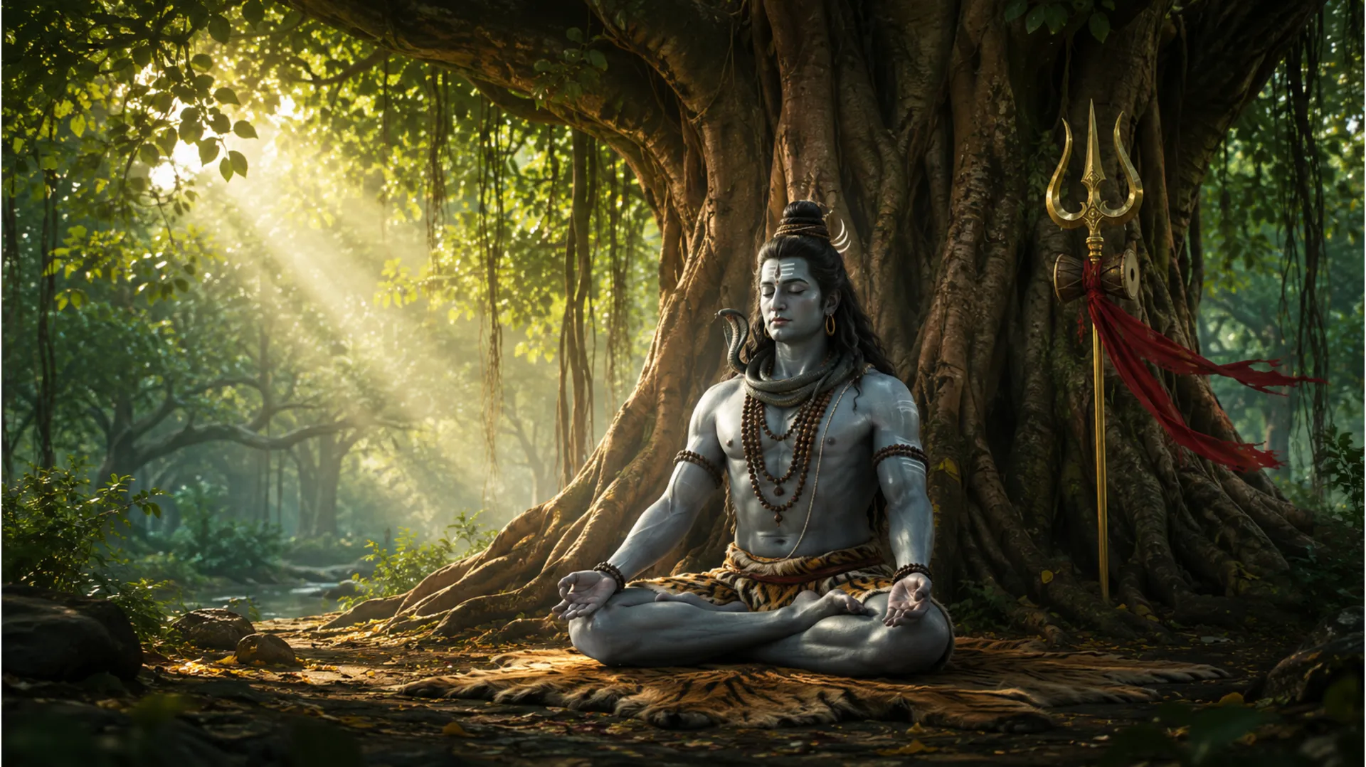 Lord Shiva meditating under a sacred banyan tree with a trident resting nearby under a soft sunbeam.