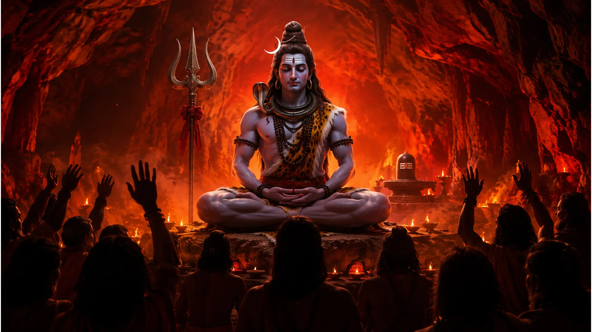 A glowing depiction of Lord Shiva meditates inside a red cave-like space while silhouettes of devotees sit in prayer.