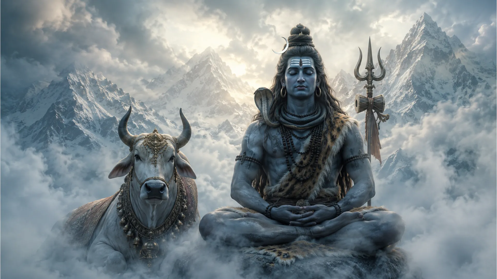 Lord Shiva and his sacred bull surrounded by mystical low clouds and snowy peaks.